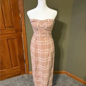 Free People Strapless Tan Plaid Midi Dress